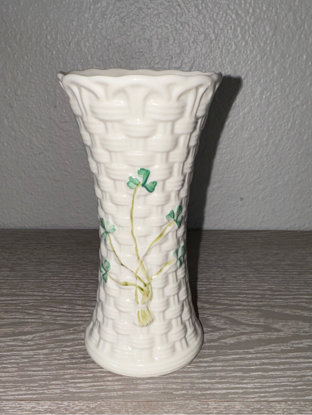 Belleek Ireland basketweave vase Shamrock Pattern